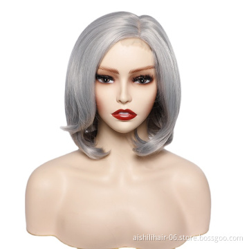 wholesale cheap lace frontal short bob wigs sliver-white natural wave synthetic hair wigs for women